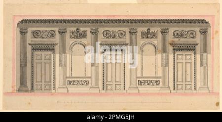 Disegno, elevazione della parete di ingresso di una sala; Francia; penna, inchiostro cinese, acquerello di rosa e lavaggi di inchiostro su carta; 20,4 x 41,3 cm (8 1/16 x 16 1/4 pollici) Foto Stock