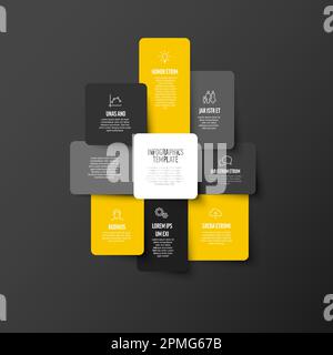 Infografica grafica vettoriale con modelli di colore grigio scuro e giallo, realizzata con blocchi di contenuto arrotondati con ombre, descrizioni di dati e icone. Multiuso scuro i Illustrazione Vettoriale