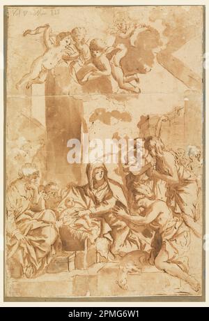 Disegno, Adorazione dei Pastori; Italia; inchiostro nero e marrone, pennello e lavaggio su carta crema; 30,8 x 21,1 cm (12 1/8 x 8 5/16 in.) Foto Stock