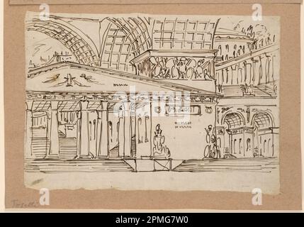 Disegno, scenografia, Gruppo di edifici antichi; disegnato da Angelo Toselli (ca. 1765? – 1826); Italia; inchiostro a penna e bistre su carta Foto Stock