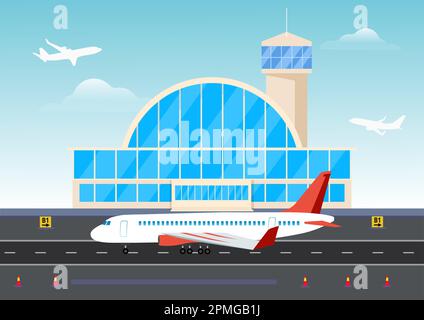 Edifici aeroportuali e aeroplani sulla pista. Pianificazione di aeroplani nella costruzione aeroportuale dell'illustrazione dello skyline della pista aeroportuale Illustrazione Vettoriale
