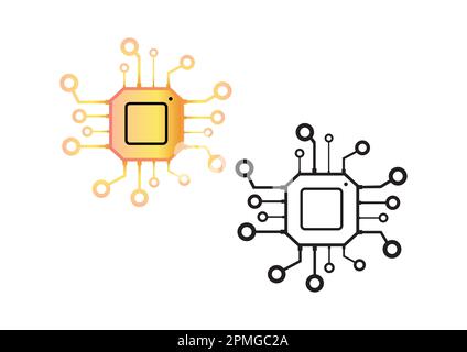 Chip del processore bianco e nero e colorato isolato su sfondo bianco. Illustrazione vettoriale dell'intelligenza artificiale Illustrazione Vettoriale