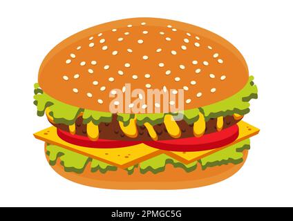 Hamburger hamburger con pomodoro rosso e insalata. Fast food Cheeseburger Illustrazione Vettoriale