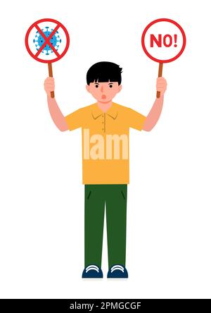 Ragazzo che tiene un segno di arresto con covid di arresto su vettore di sfondo bianco Illustrazione Vettoriale