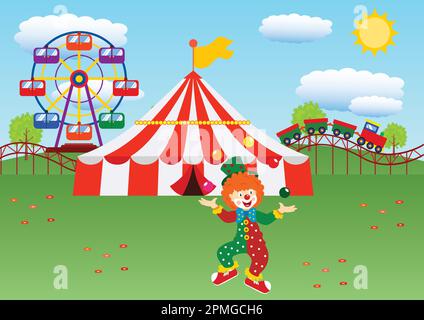 Carnevale di Cartoon. Cartoon Train, Cartoon Carnival Tent, Circus Wheel, Cartoon Clown Illustrazione Vettoriale