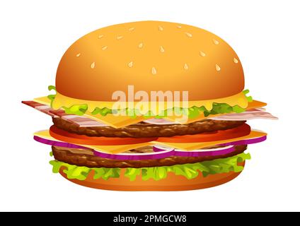 Hamburger Cheeseburger con insalata di pomodoro rosso cipolla e salsa primo piano isolato su sfondo bianco. Fast food hamburger Illustrazione Vettoriale