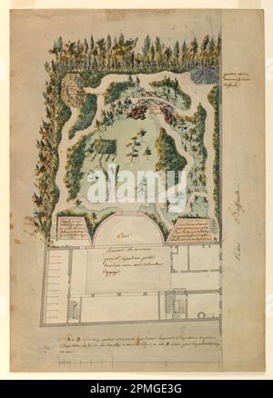 Disegno, giardino paesaggistico inglese; sconosciuto; Francia; inchiostro nero e marrone e grigio, pennello e colore dell'acqua su carta steso biancata; 45,6 x 32,2 cm (17 15/16 x 12 11/16 pollici) Tappetino: 40,6 x 50,8 cm (16 x 20 poll.); The John Jay IDE Collection; 1991-44-1 Foto Stock