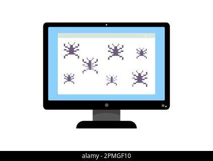 Illustrazione del vettore di attacco del virus del computer. Icona del display del computer con pericolo di virus isolato su sfondo bianco Illustrazione Vettoriale