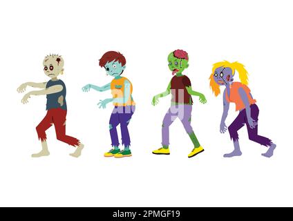 Carattere diverso di illustrazione zombie. I cartoni animati spaventano gli zombie isolati su sfondo bianco Illustrazione Vettoriale