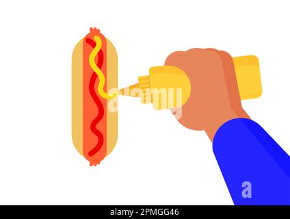 Deliziosi fast food con salsiccia, pane, senape e ketchup. Bottiglia di senape e delizioso hot dog isolato su sfondo bianco Illustrazione Vettoriale