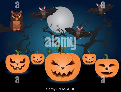 Halloween felice. Zucche, pipistrelli, gufo, alberi, Luna d'Argento. Halloween Illustrazione Vettoriale