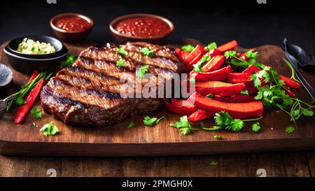 Carne alla griglia. Carne fresca alla griglia. Bistecca di manzo alla griglia media rara su tagliere di legno con verdure. Bistecca Ribeye media rara su tavola di legno. GE Foto Stock