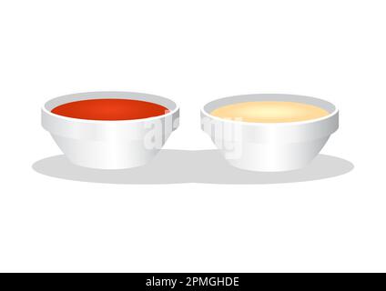 Ciotole di tazza con salse di ketchup e maionese isolate su sfondo bianco Illustrazione Vettoriale