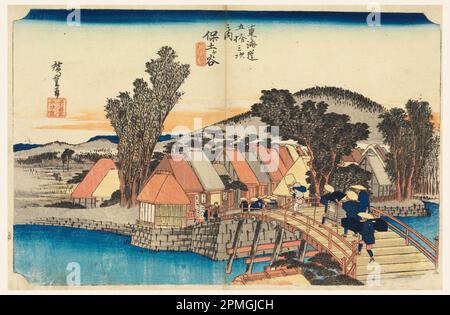 Stampa, Hodogaya (Shinkame Bridge), nelle cinquantatré stazioni della strada Tokaido (Tokaido Gojusan Tsugi-no Uchi); Ando Hiroshige (giapponese, 1797 - 1858); Giappone; stampa a blocchi di legno in inchiostro colorato su carta; 24 x 36,5 cm (9 7/16 x 14 3/8 pollici) Foto Stock