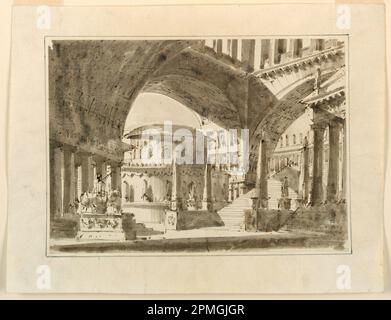 Disegno, Stage Design, Gruppo di edifici; Italia; inchiostro nero e marrone, pennello e seppia lavati su carta Foto Stock