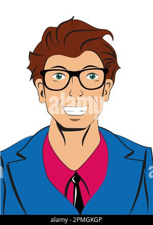 Pop art marrone uomo capelli con occhiali Illustrazione Vettoriale