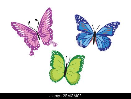 Set di tre farfalle colorate Illustrazione Vettoriale