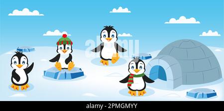 Set di pinguini in diverse posizioni e ghiaccio igloo Illustrazione Vettoriale