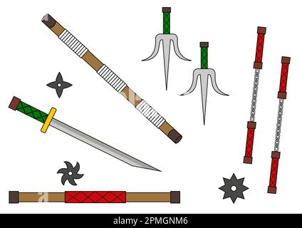 Ninja armi icone set shuriken star, nunchaku, spada katana. Illustrazione vettoriale di armi ninja cartoon Illustrazione Vettoriale