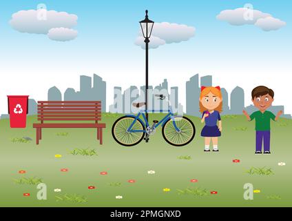 Due bambini parlano nel parco. Due bambini all'aperto. Ragazzo, ragazza, bici, parco, città Illustrazione Vettoriale