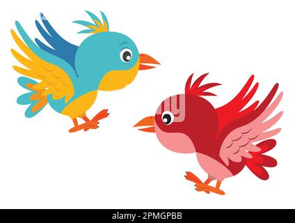 Illustrazione vettoriale di due uccelli volanti di colore diverso. Cartone animato Bird Illustrazione Vettoriale