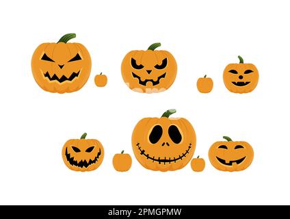 Sei diverse zucche di Halloween isolate su sfondo bianco Illustrazione Vettoriale
