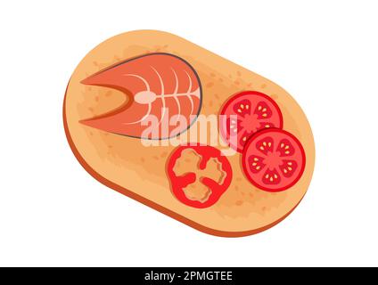 Pane tostato con fette di pomodoro, pepe e bistecca di salmone isolato su sfondo bianco Illustrazione Vettoriale