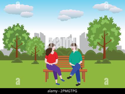 Due persone al parco della città seduti su una panchina illustrazione vettoriale Illustrazione Vettoriale