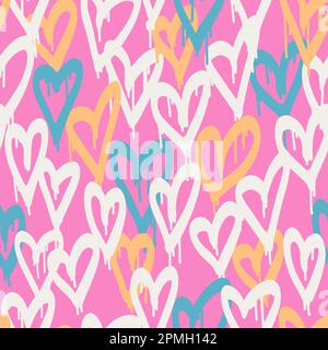Graffiti cuori. Motivo urbano senza cuciture in stile Street art. Stampa astratta. Design grafico Unisex sotterraneo per t-shirt e felpa nei colori rosa al neon. Retrofonda Hippster in stile 90s. Illustrazione Vettoriale