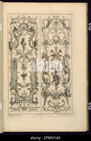 Stampa, disegno per due pannelli; disegnata da Francois de Cuvillilés il Vecchio (Belgio, Germania attiva, 1695 - 1768); incisa da Karl Albert von Lesvillez (1723-1796); pubblicata da Nicolas Jean Baptiste de Poilly (Francia, 1712 – ca. 1758); Germania; incisione e incisione su carta deposita biancastra; Platemark: 36,1 x 24 cm (14 3/16 x 9 7/16 pollici) Foglio: 44 x 28,6 cm (17 5/16 x 11 1/4 pollici) Foto Stock