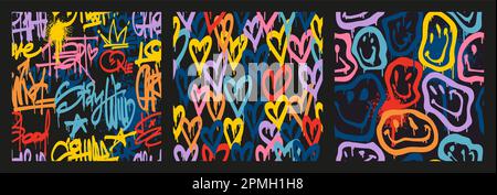 I motivi groovy Smile senza cuciture sono in stile Urban Street art graffiti. Stampa slogan tipografico con cuori. Retrowave con stile 90s. Sfondo di rave psichedelico. Unisex sottosuolo design al neon Illustrazione Vettoriale