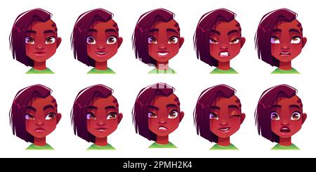 Black african ragazza faccia espressione avatar vettore set. Illustrazione differente dell'emozione facciale teen femminile e acconciatura afro carina. Isola brunette arrabbiato, felice e sorpreso ritratto icona. Illustrazione Vettoriale