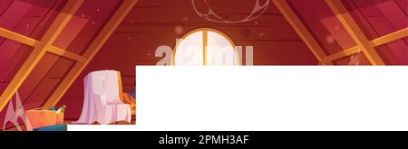Abbandonata vecchia casa soffitta interno in legno con sfondo vettore polvere. Stoccaggio loft sporco con ragnatela, foro nel pavimento e cartone animato illustrazione. Telescopio vicino poltrona di copertura in garetta per il gioco. Illustrazione Vettoriale