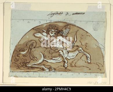 Disegno, Sagittario, lunetta per soffitto, Sala Ottagonale, Palazzo Milzetti, Faenza; ideato da Felice Giani (italiano, 1758–1823); Italia; inchiostro nero e marrone, pennello e lavaggio marrone chiaro su grafite su carta blu posata; 14,8 x 21 cm (5 13/16 x 8 1/4 pollici) Opaco con tappetino -1192: 35,6 x 45,7 cm (14 x 18 pollici) Foto Stock