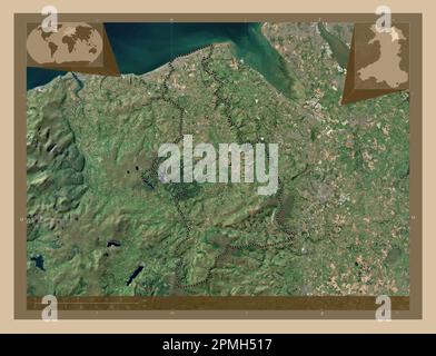 Denbighshire, regione del Galles - Gran Bretagna. Mappa satellitare a bassa risoluzione. Mappe delle posizioni ausiliarie degli angoli Foto Stock