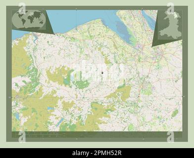 Denbighshire, regione del Galles - Gran Bretagna. Aprire la mappa stradale. Mappe delle posizioni ausiliarie degli angoli Foto Stock