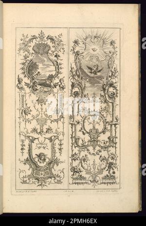 Stampa, disegno per due pannelli; disegnata da Francois de Cuvillilés il Vecchio (Belgio, Germania attiva, 1695 - 1768); incisa da Karl Albert von Lesvillez (1723-1796); pubblicata da Nicolas Jean Baptiste de Poilly (Francia, 1712 – ca. 1758); Germania; incisione e incisione su carta deposita biancastra; Platemark: 36,2 x 23,7 cm (14 1/4 x 9 5/16 pollici) Foglio: 44 x 28,6 cm (17 5/16 x 11 1/4 pollici) Foto Stock