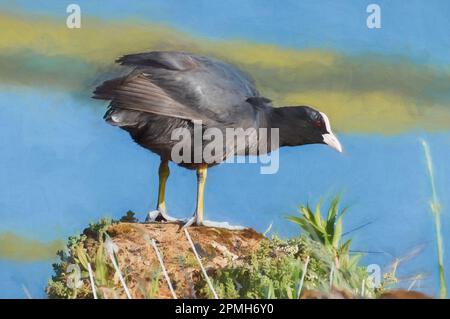 Pittura digitale di un primo piano di una singola cuca in piedi su una roccia ricoperta di lichene, muschio ed erba su uno sfondo sfocato del lago. Foto Stock