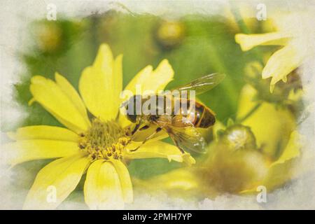 Primo piano di un'ape, o Honeybee. Apis mellifera pittura digitale acquerello raccolta polline da un giardino giallo fiore in estate. Foto Stock