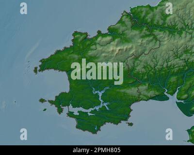 Pembrokeshire, regione del Galles - Gran Bretagna. Mappa di altitudine colorata con laghi e fiumi Foto Stock