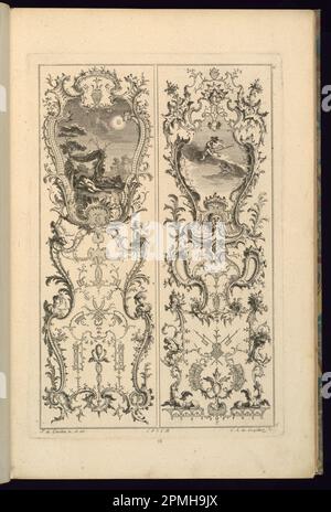 Stampa, disegno per due pannelli; disegnata da Francois de Cuvillilés il Vecchio (Belgio, Germania attiva, 1695 - 1768); incisa da Karl Albert von Lesvillez (1723-1796); pubblicata da Nicolas Jean Baptiste de Poilly (Francia, 1712 – ca. 1758); Germania; incisione e incisione su carta deposita biancastra; Platemark: 36,1 x 24,1 cm (14 3/16 x 9 1/2 pollici) Foglio: 44 x 28,6 cm (17 5/16 x 11 1/4 pollici) Foto Stock