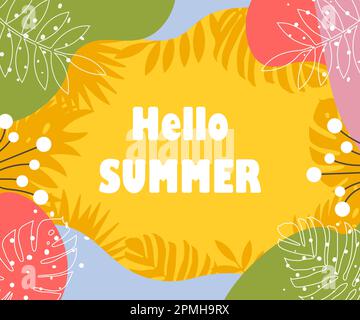 Ciao banner estate. Texture trendy. Vocazione stagionale, weekend, logo festivo. Sfondo dell'ora legale. Testo vettoriale estivo. Stile alla moda. Illustrazione Vettoriale