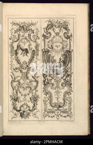 Stampa, disegno per due pannelli; disegnata da Francois de Cuvillilés il Vecchio (Belgio, Germania attiva, 1695 - 1768); incisa da Karl Albert von Lesvillez (1723-1796); pubblicata da Nicolas Jean Baptiste de Poilly (Francia, 1712 – ca. 1758); Germania; incisione e incisione su carta deposita biancastra; Platemark: 36,1 x 24 cm (14 3/16 x 9 7/16 pollici) Foglio: 44 x 28,6 cm (17 5/16 x 11 1/4 pollici) Foto Stock