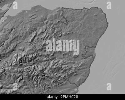 Aberdeenshire, regione della Scozia - Gran Bretagna. Mappa altimetrica bilivello con laghi e fiumi Foto Stock