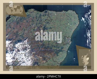 Aberdeenshire, regione della Scozia - Gran Bretagna. Mappa satellitare ad alta risoluzione. Mappe delle posizioni ausiliarie degli angoli Foto Stock