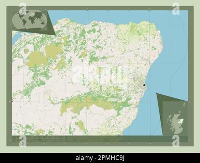 Aberdeenshire, regione della Scozia - Gran Bretagna. Aprire la mappa stradale. Mappe delle posizioni ausiliarie degli angoli Foto Stock