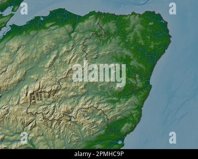 Aberdeenshire, regione della Scozia - Gran Bretagna. Mappa di altitudine colorata con laghi e fiumi Foto Stock