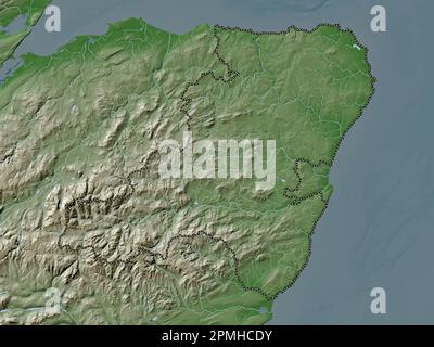Aberdeenshire, regione della Scozia - Gran Bretagna. Mappa dell'altitudine colorata in stile wiki con laghi e fiumi Foto Stock