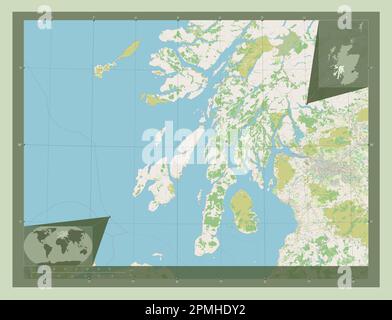 Argyll e Bute, regione della Scozia - Gran Bretagna. Aprire la mappa stradale. Mappe delle posizioni ausiliarie degli angoli Foto Stock