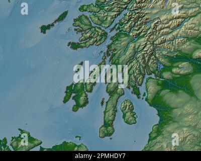 Argyll e Bute, regione della Scozia - Gran Bretagna. Mappa di altitudine colorata con laghi e fiumi Foto Stock